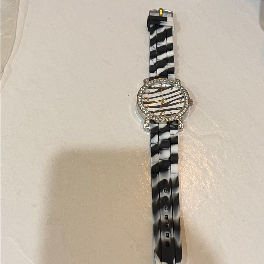Geneva Black and White Zebra Print Watch with crystal Bezel